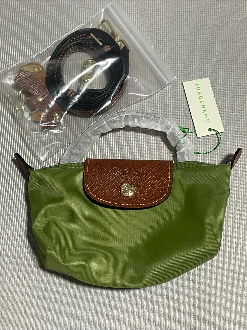 Longchamp Mini Top-Handle Bag in Olive Green with Brown Trim